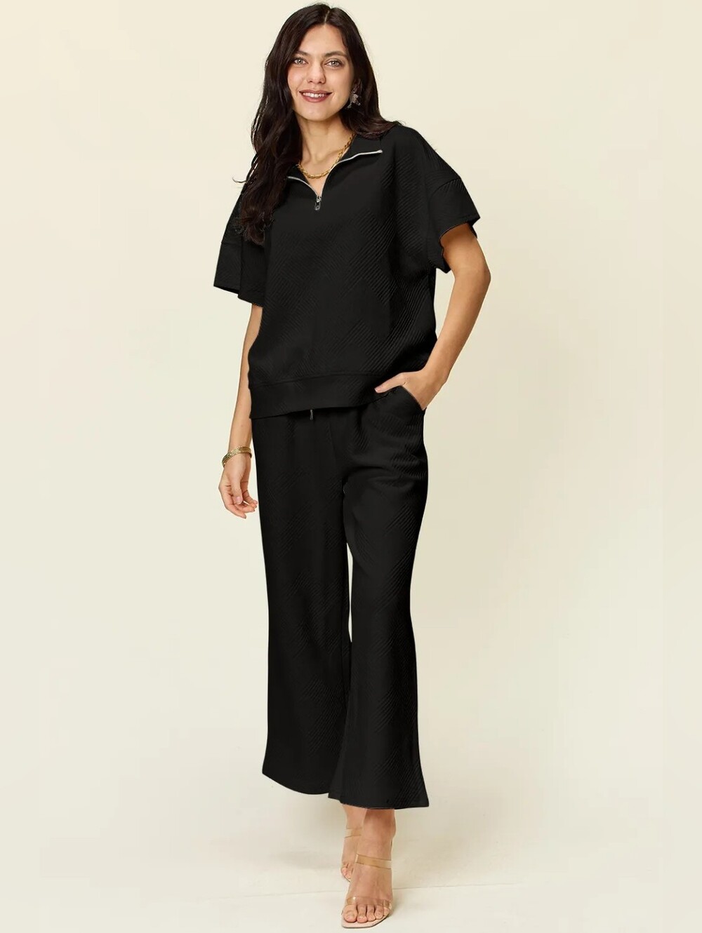 Black Zip-Up Top and Wide-Leg Pants Set